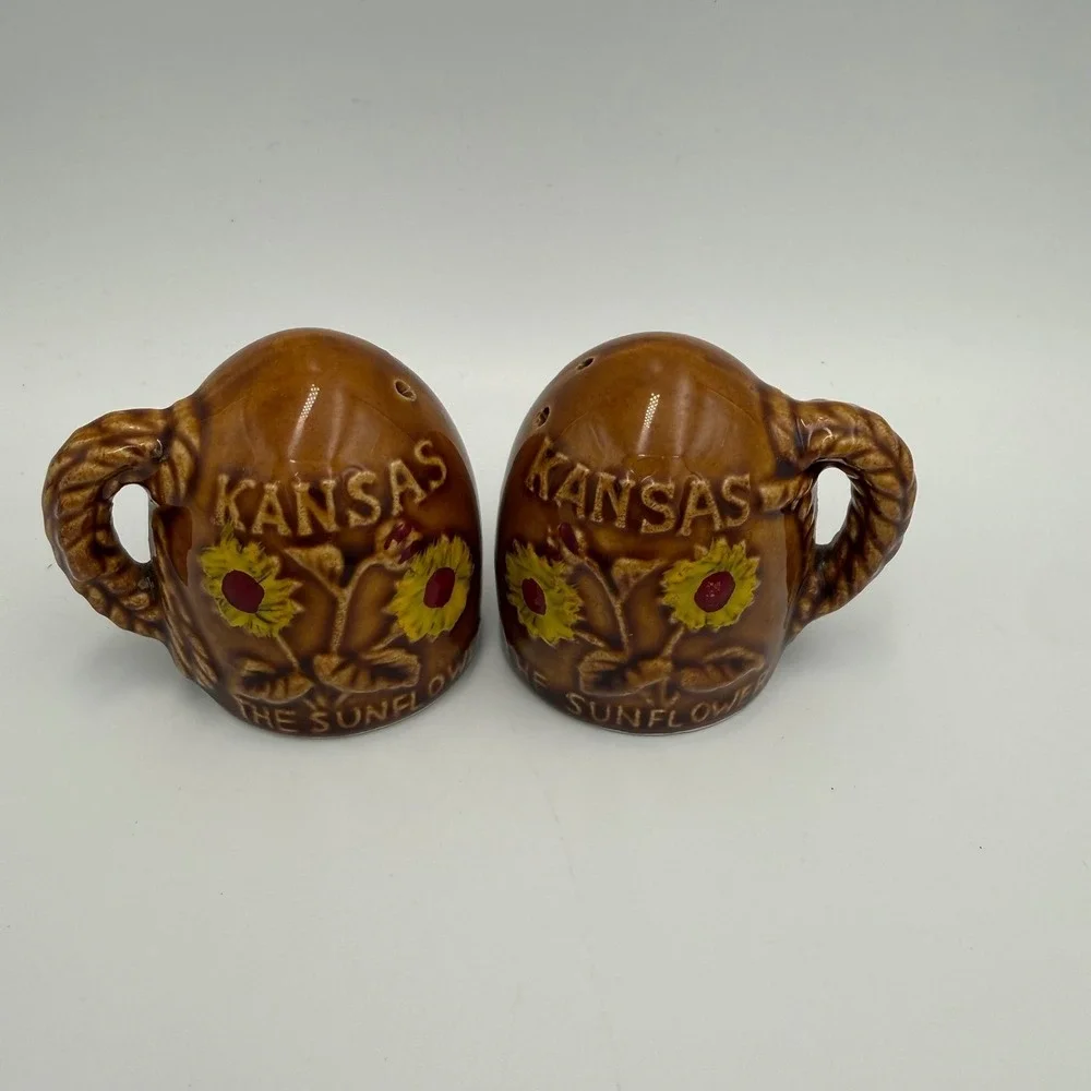 Vintage Kansas The Sunflower State Salt and Pepper Shakers Brown Ceramic Set